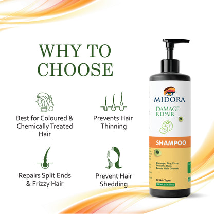 Midora Damage Repair Shampoo for All Hair Types, Smooths Dry Frizzy Hair, Boosts Growth, 200ml