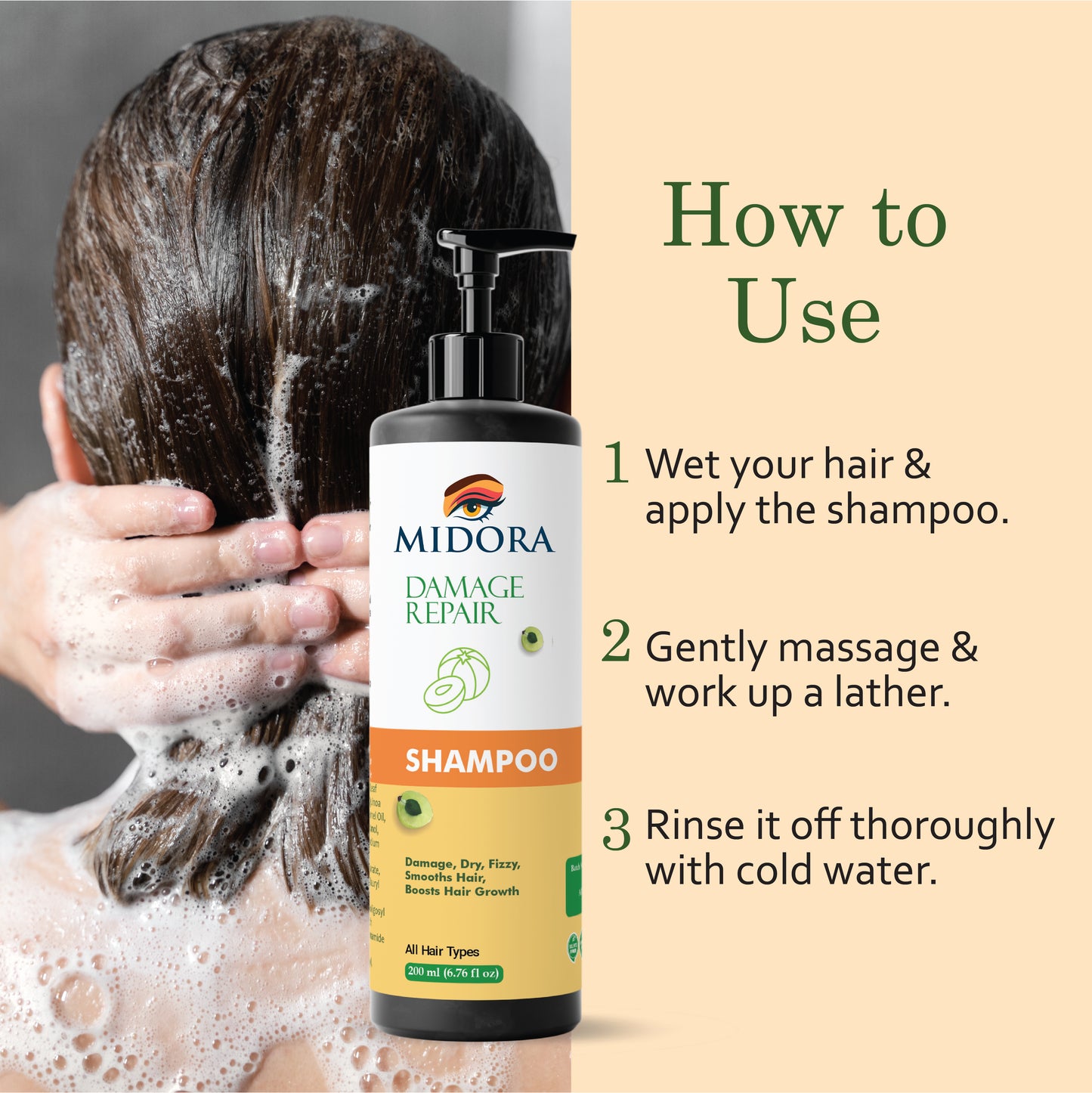 Midora Damage Repair Shampoo for All Hair Types, Smooths Dry Frizzy Hair, Boosts Growth, 200ml
