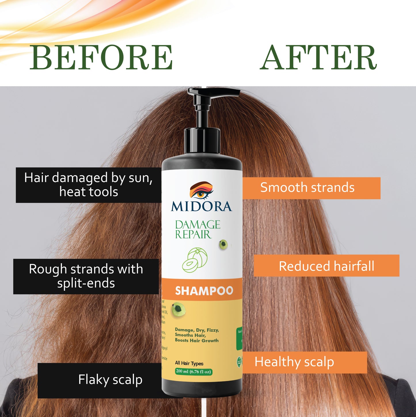 Midora Damage Repair Shampoo for All Hair Types, Smooths Dry Frizzy Hair, Boosts Growth, 200ml