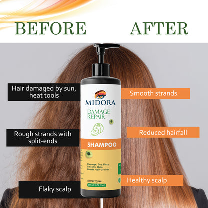 Midora Damage Repair Shampoo for All Hair Types, Smooths Dry Frizzy Hair, Boosts Growth, 200ml