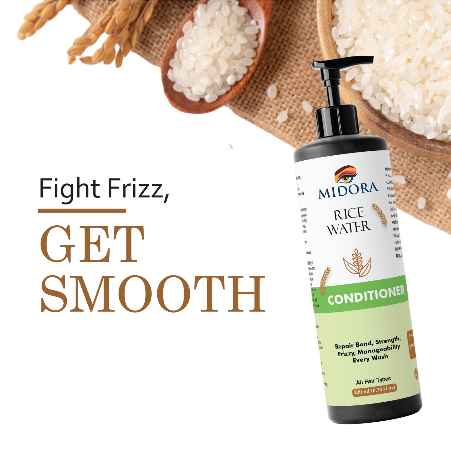 Midora Rice Water Conditioner, All Hair Types, Repair Bond Strength Frizzy Manageability, 200ml