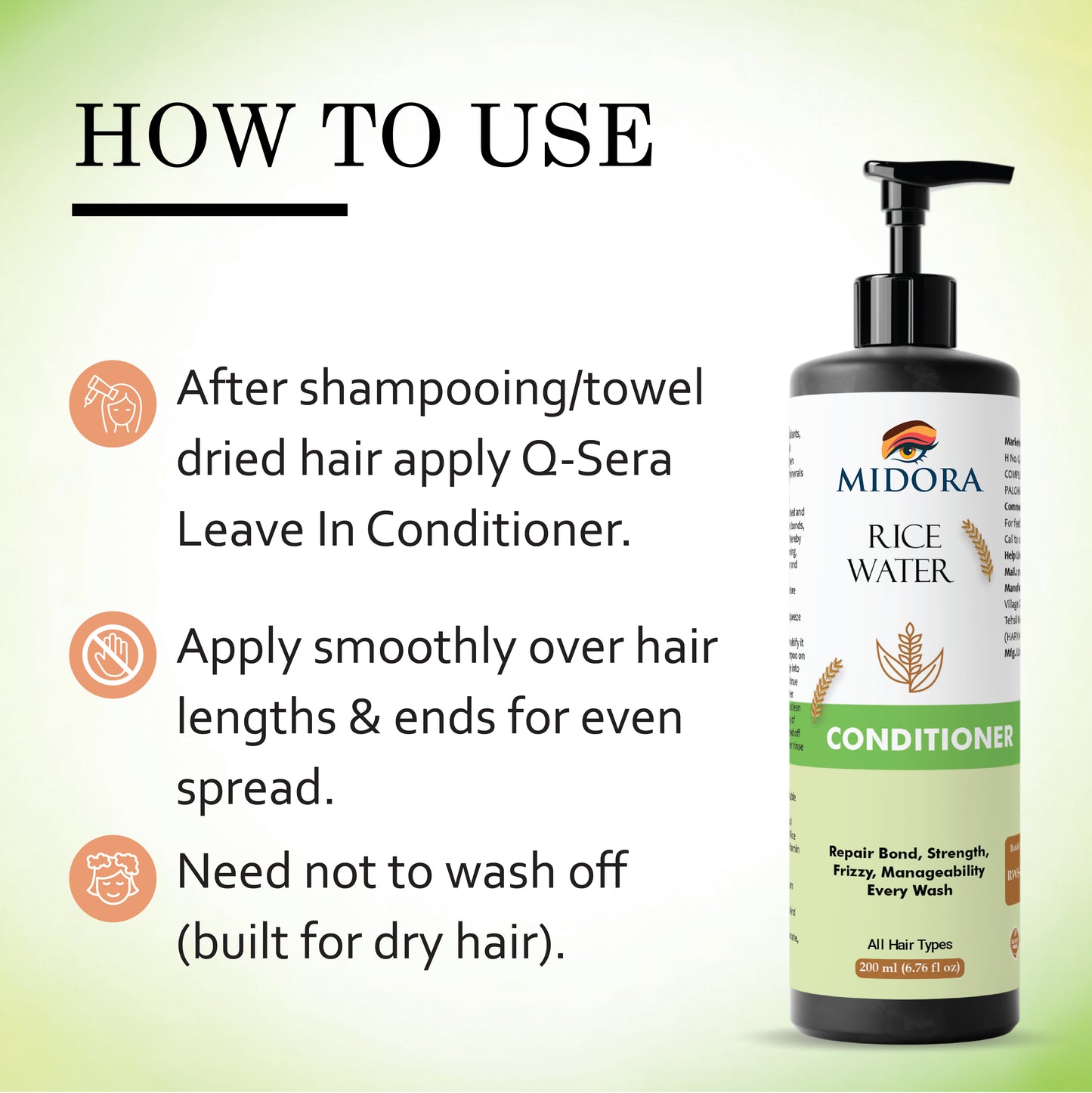 Midora Rice Water Conditioner, All Hair Types, Repair Bond Strength Frizzy Manageability, 200ml