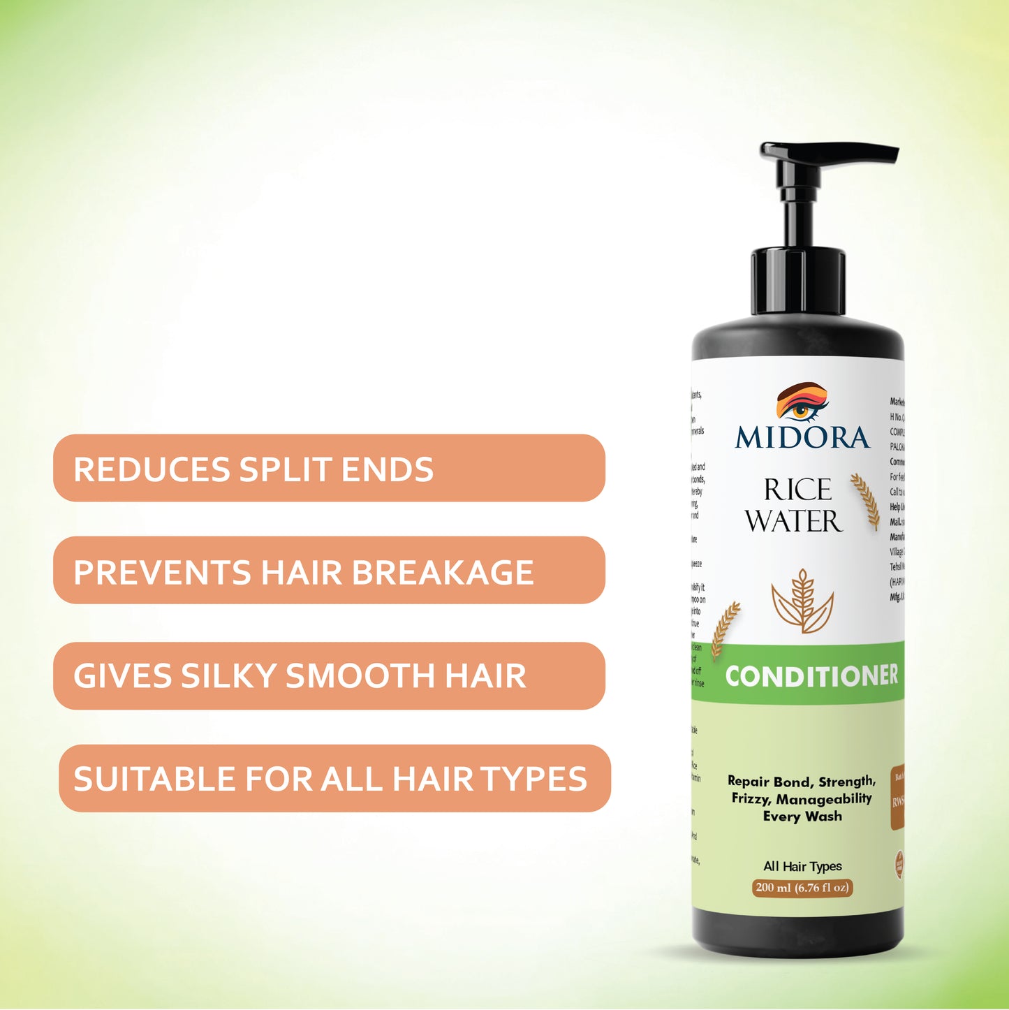 Midora Rice Water Conditioner, All Hair Types, Repair Bond Strength Frizzy Manageability, 200ml