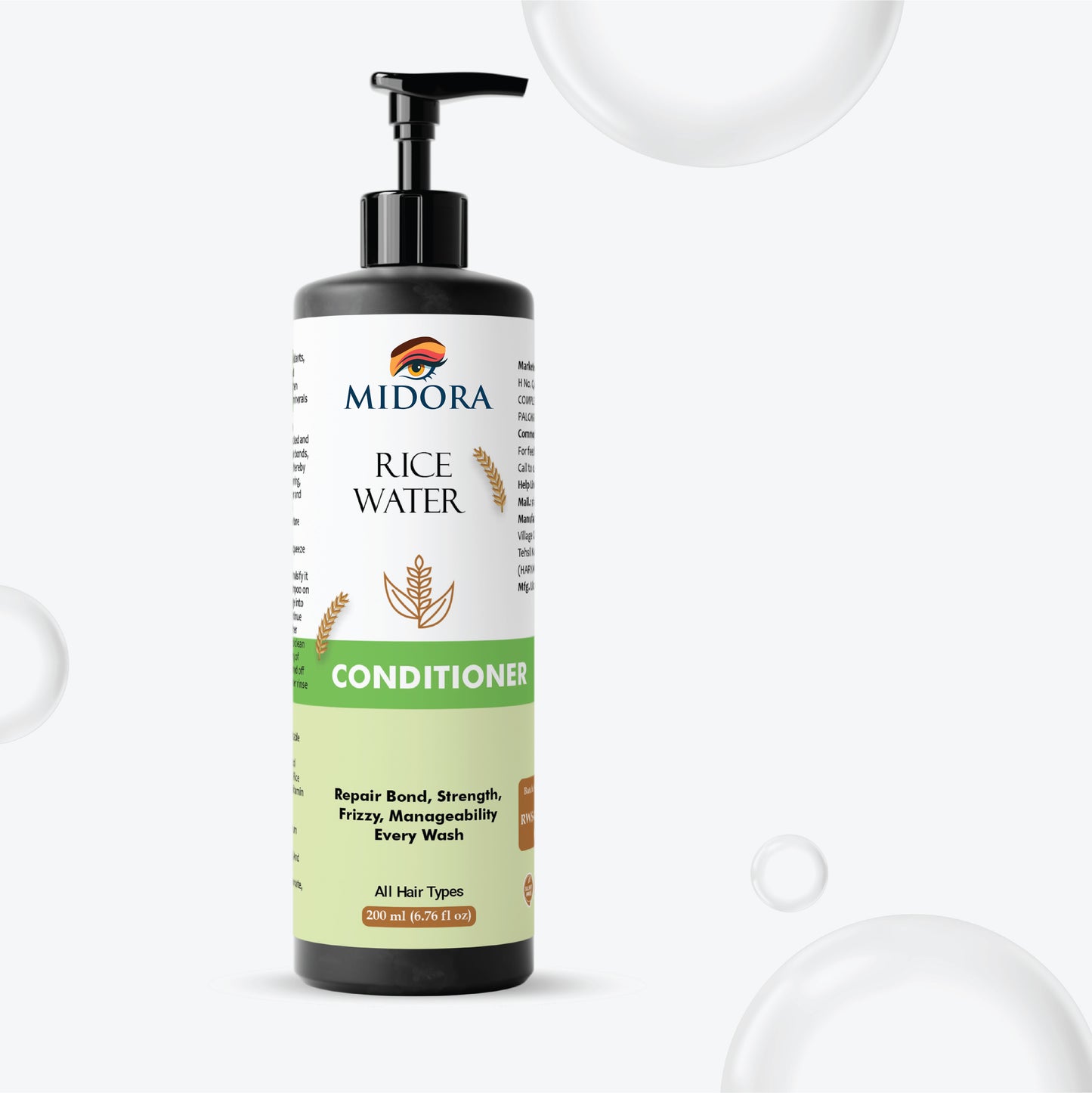 Midora Rice Water Conditioner, All Hair Types, Repair Bond Strength Frizzy Manageability, 200ml