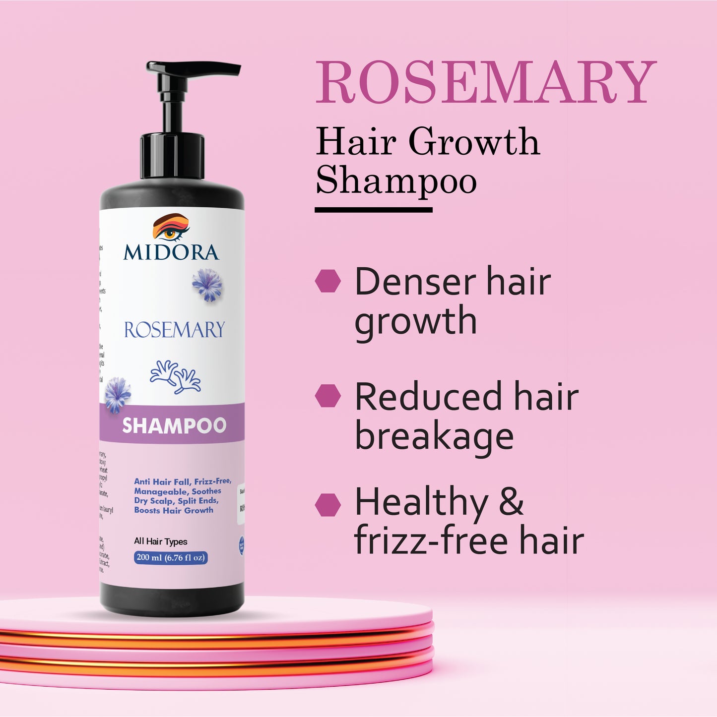Midora Rosemary Shampoo for All Hair Types, Anti Hair Fall, Frizz-Free, Split Ends Treatment, 200ml