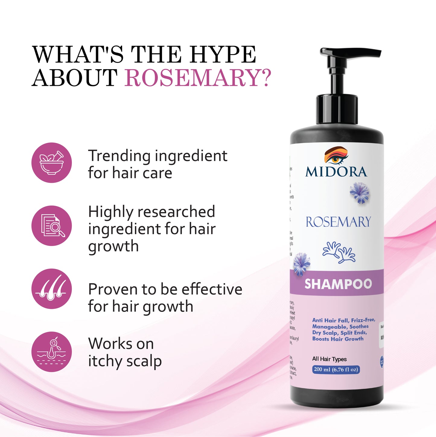 Midora Rosemary Shampoo for All Hair Types, Anti Hair Fall, Frizz-Free, Split Ends Treatment, 200ml