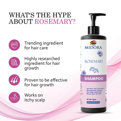Midora Rosemary Shampoo for All Hair Types, Anti Hair Fall, Frizz-Free, Split Ends Treatment, 200ml
