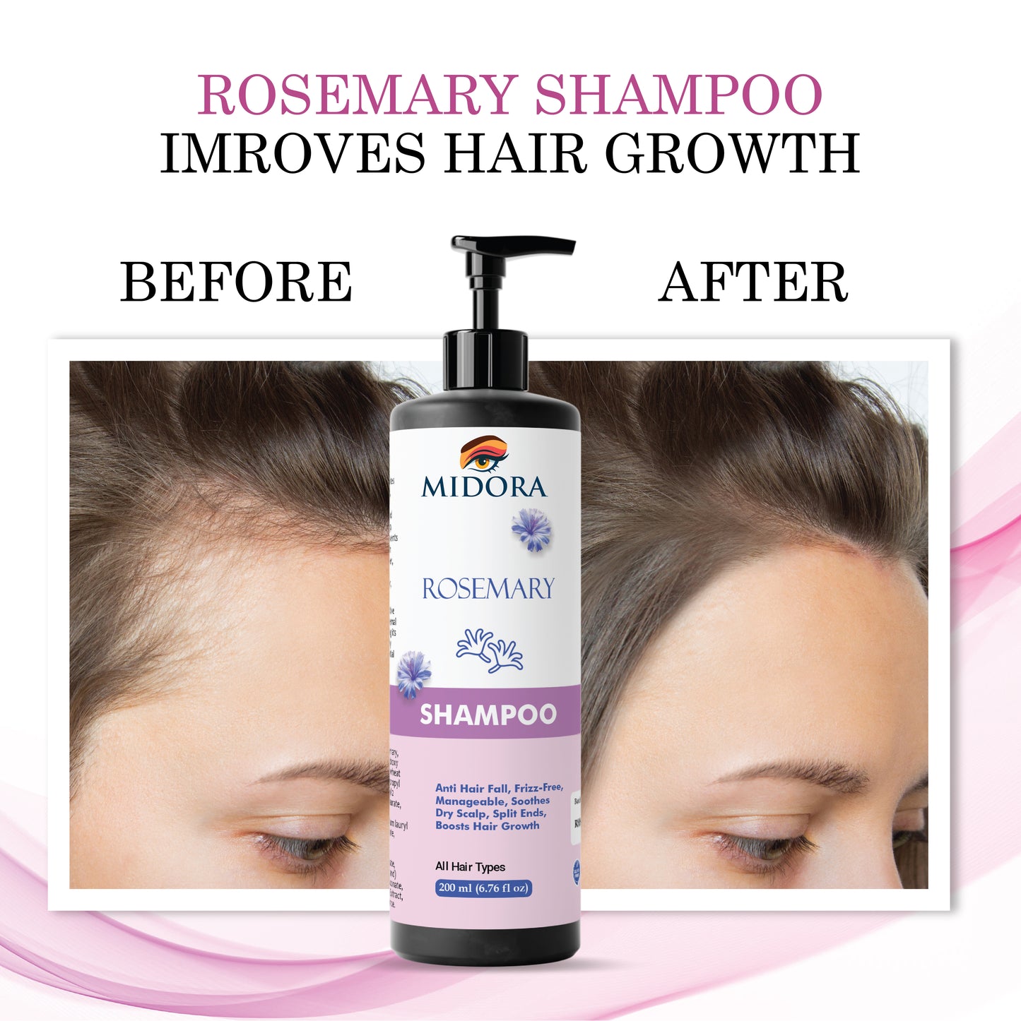 Midora Rosemary Shampoo for All Hair Types, Anti Hair Fall, Frizz-Free, Split Ends Treatment, 200ml