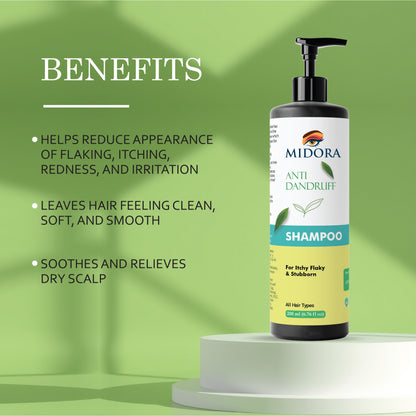 Midora Anti Dandruff Shampoo for Itchy Flaky and Stubborn Scalp, All Hair Types, 200ml