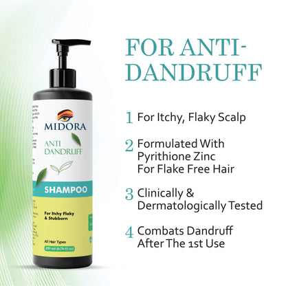Midora Anti Dandruff Shampoo for Itchy Flaky and Stubborn Scalp, All Hair Types, 200ml