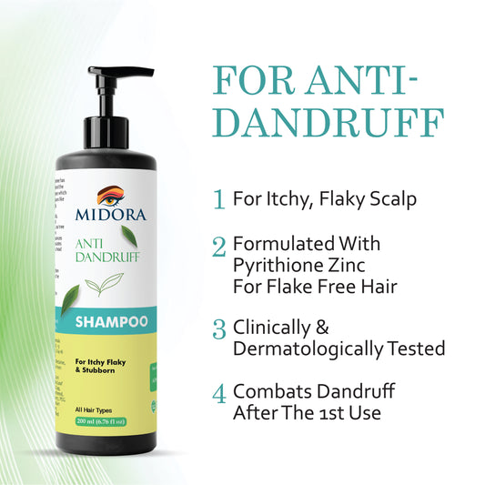 Midora Anti Dandruff Shampoo for Itchy Flaky and Stubborn Scalp, All Hair Types, 200ml