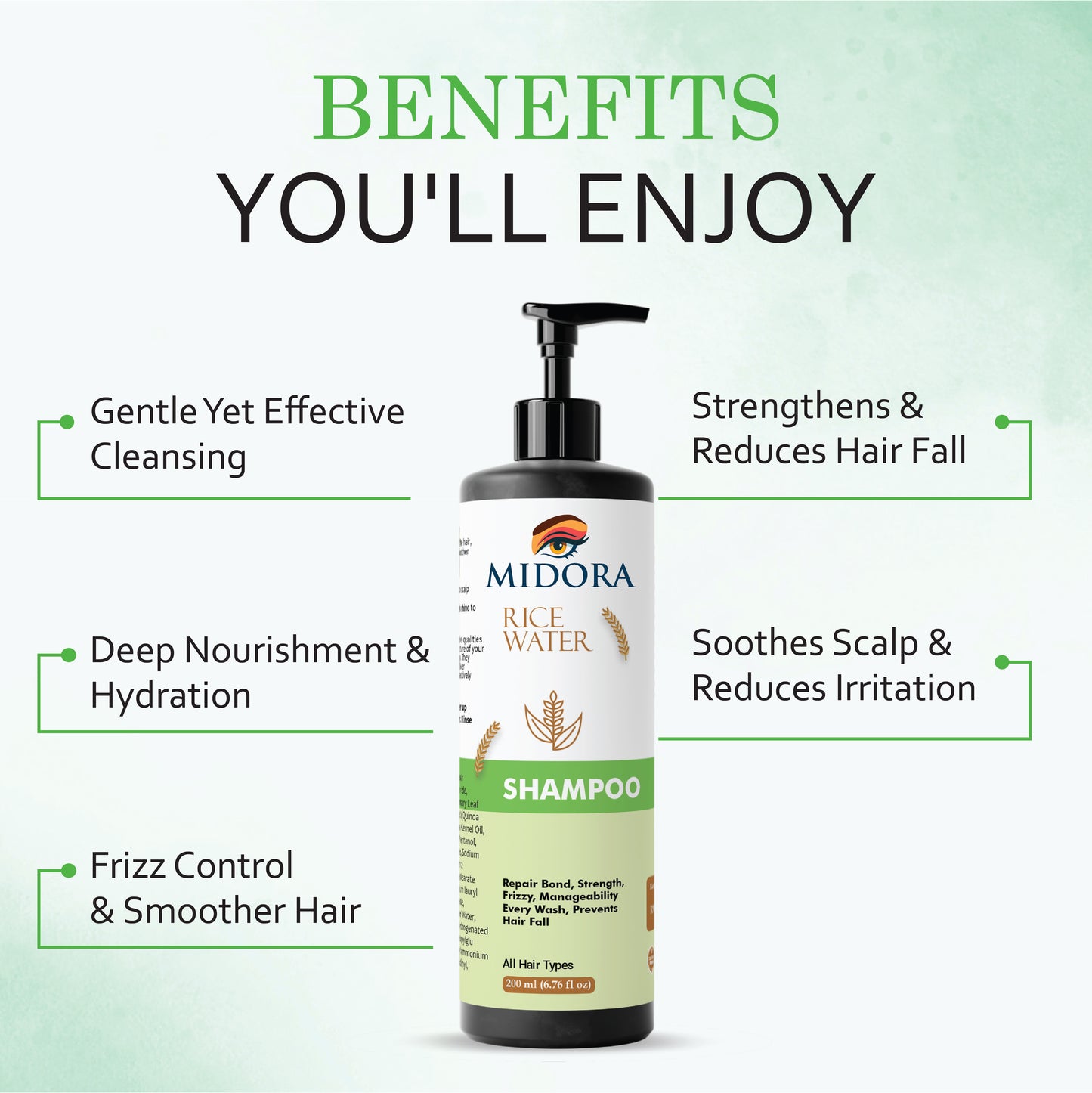 Midora Rice Water Shampoo for All Hair Types, Repair Bond Strength Frizzy Hair, Prevents Hair Fall, 200ml