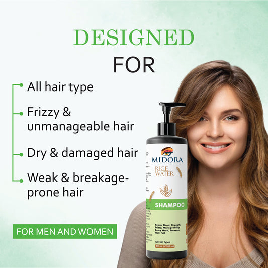 Midora Rice Water Shampoo for All Hair Types, Repair Bond Strength Frizzy Hair, Prevents Hair Fall, 200ml